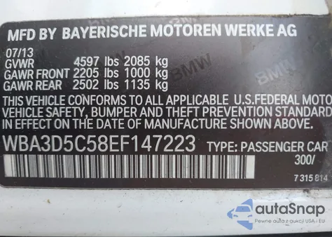 2014 BMW 328D xDrive z USA, uszkodzony, nr VIN WBA3D5C58EF147223